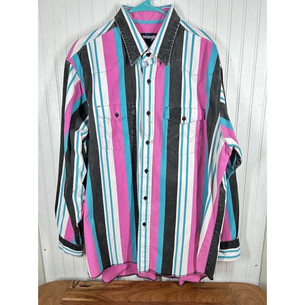 Vtg Wrangler Brushpopper Shirt Mens 18 35 2XL Pink Teal Black Western Rodeo - Picture 1 of 9